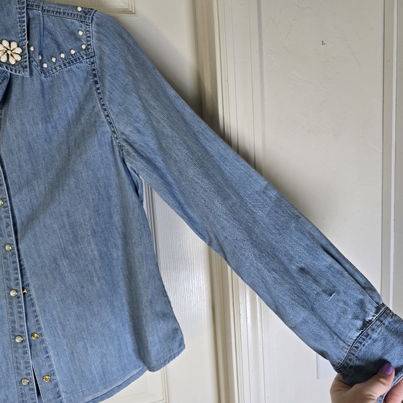 Embellished Denim Snap Frint Womens Long Sleeve Shirt 10 - Picture 3 of 9